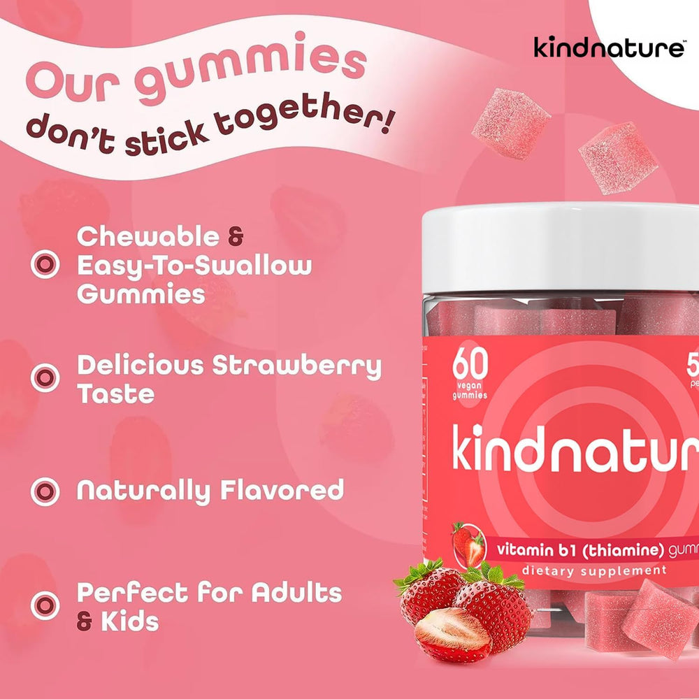 Kindnature B1 Gummies vegan non-GMO image, emphasizing gluten-free and low-calorie formula.