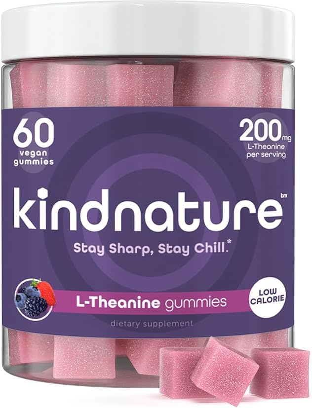 Kindnature L-Theanine Gummies bottle pour promotes calm focus for daily routines