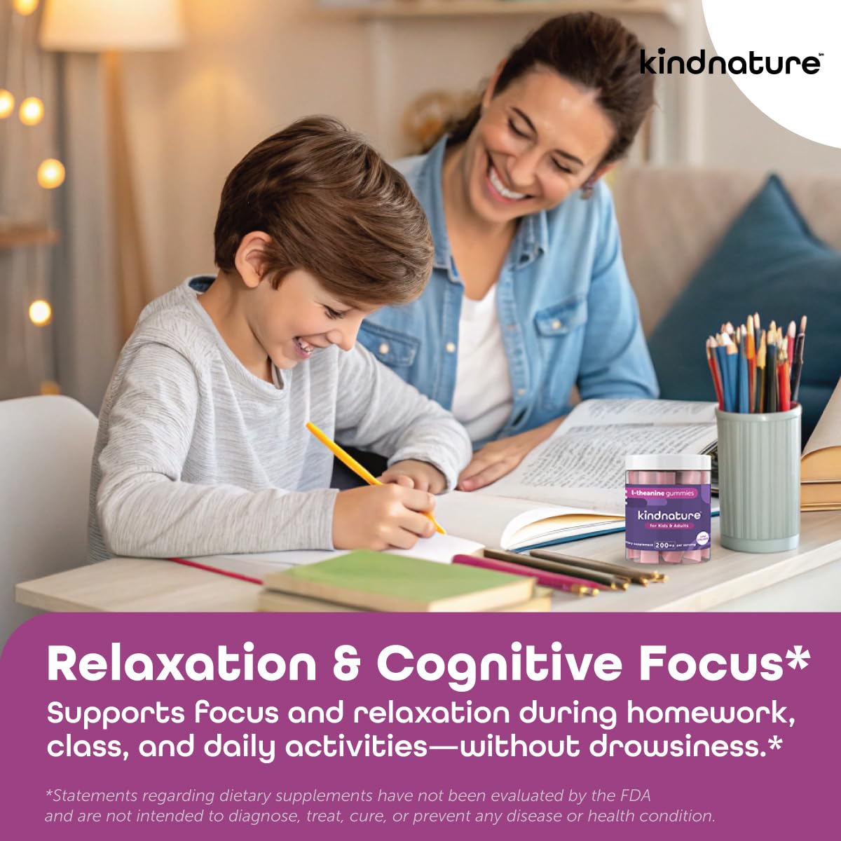 Kindnature L-Theanine Gummies for kids 4+ supports gentle daily focus