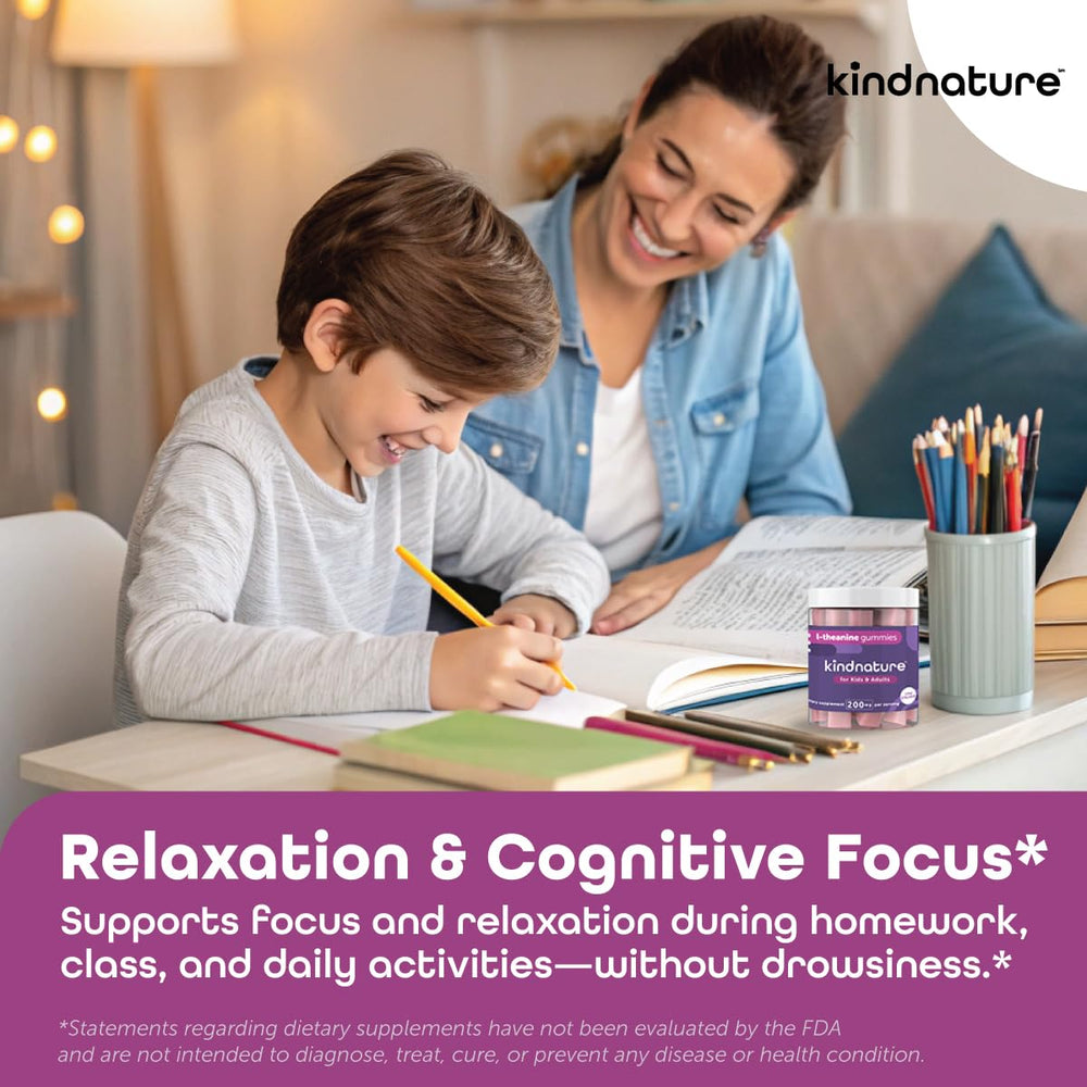 Kindnature L-Theanine Gummies for kids 4+ supports gentle daily focus