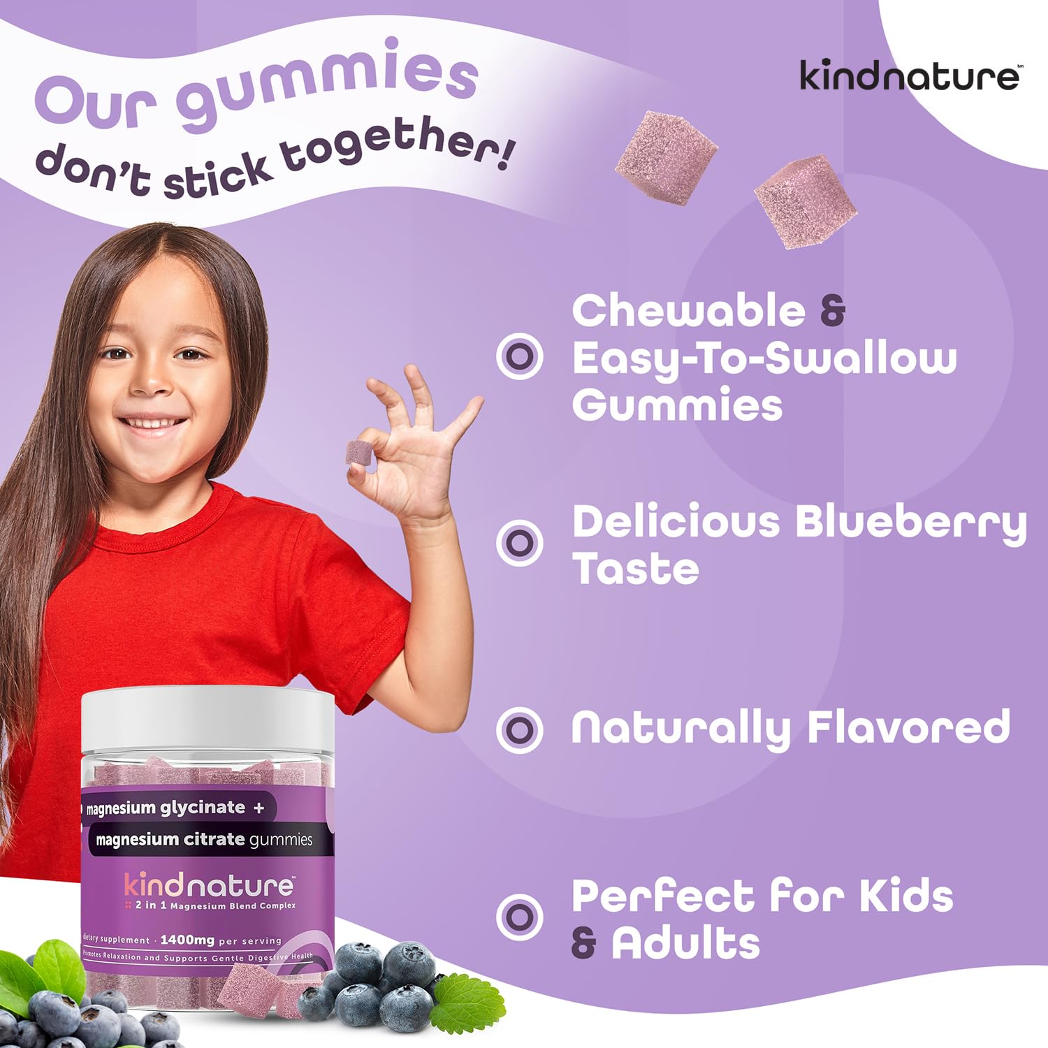 Kindnature magnesium gummies label emphasizes ingredients and purity