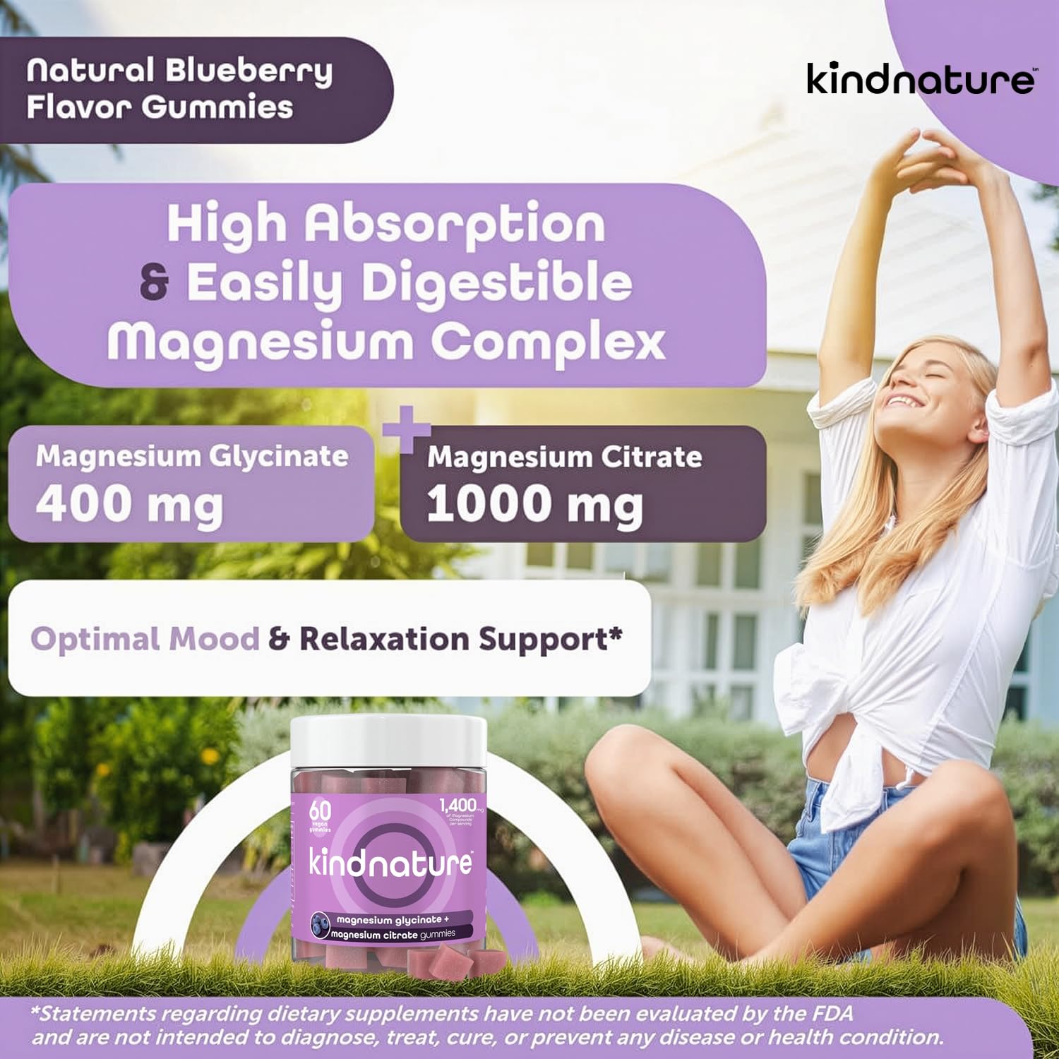 Kindnature magnesium gummies packaging display on a kitchen counter