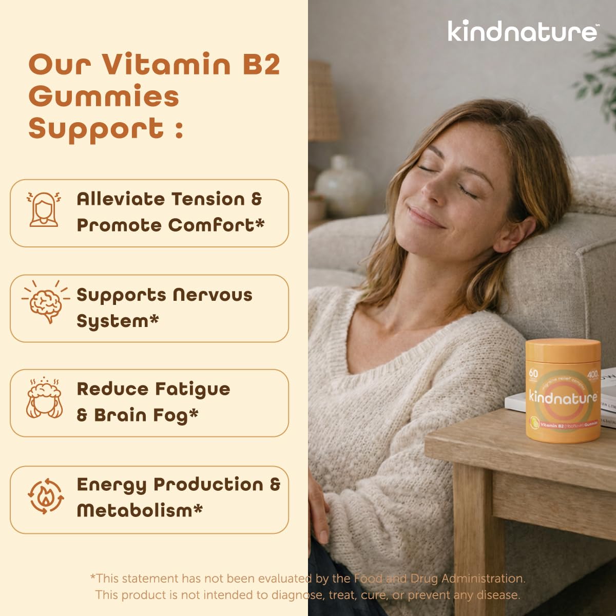 Kindnature Vitamin B2 Gummies chewy texture close-up for easy chew.