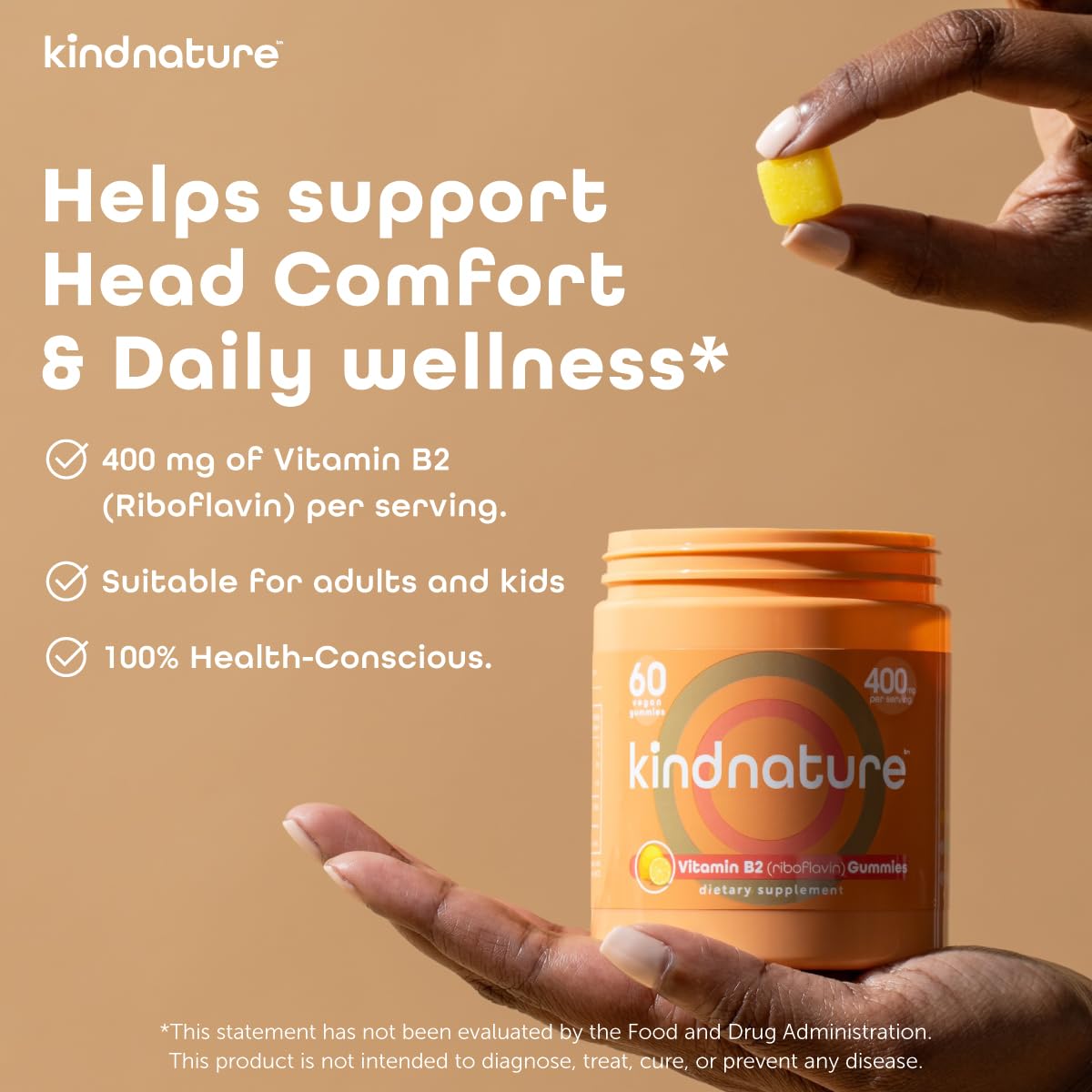 Kindnature Vitamin B2 Gummies kid-friendly label shows chew-friendly format.