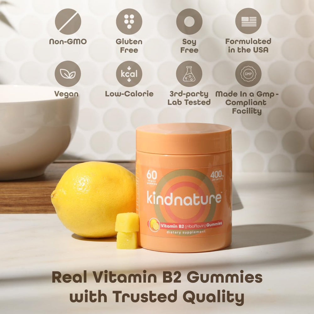 Kindnature Vitamin B2 Gummies vegan symbol indicating plant-based option.