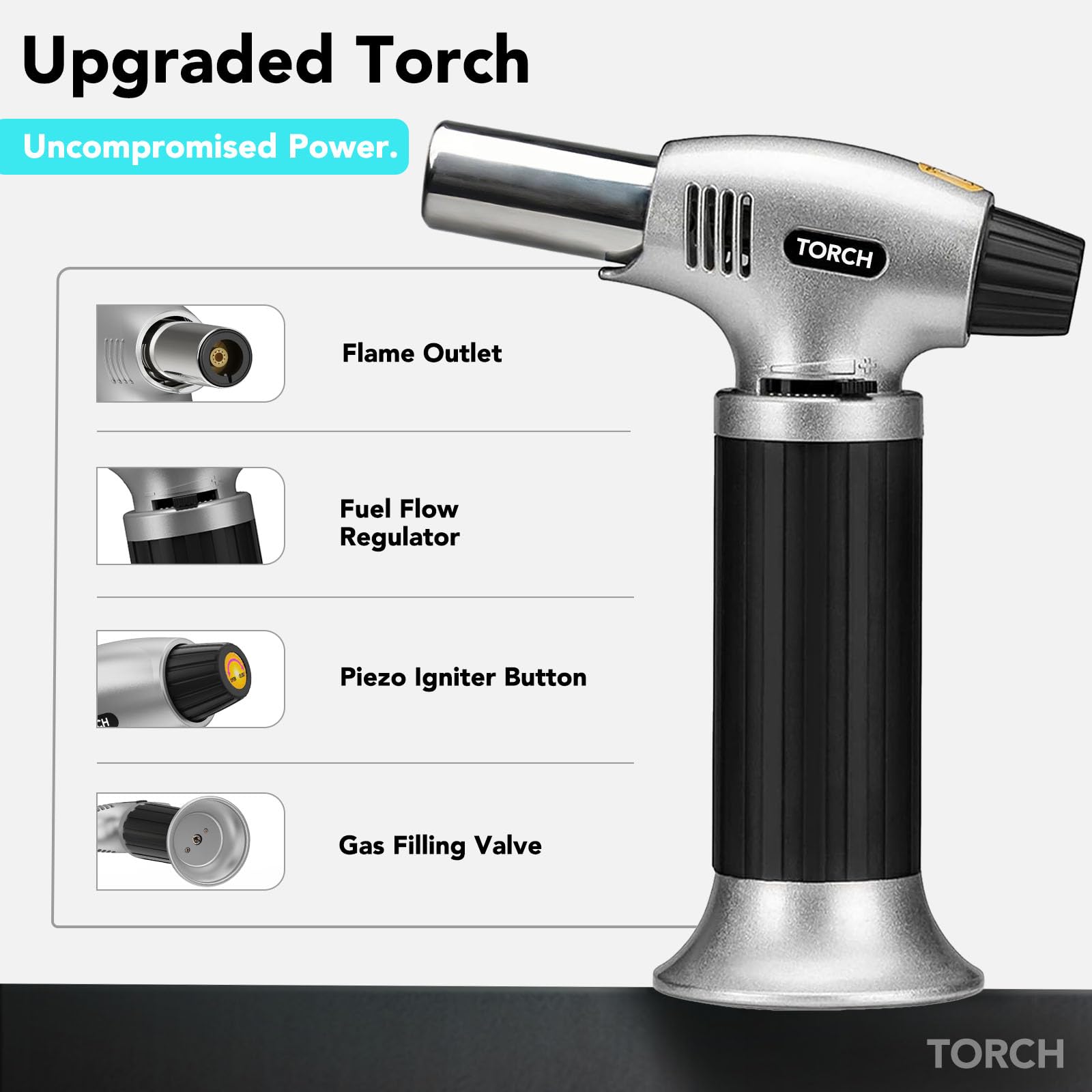 KinetiFire torch anti-tip base provides stable placement on work surfaces.