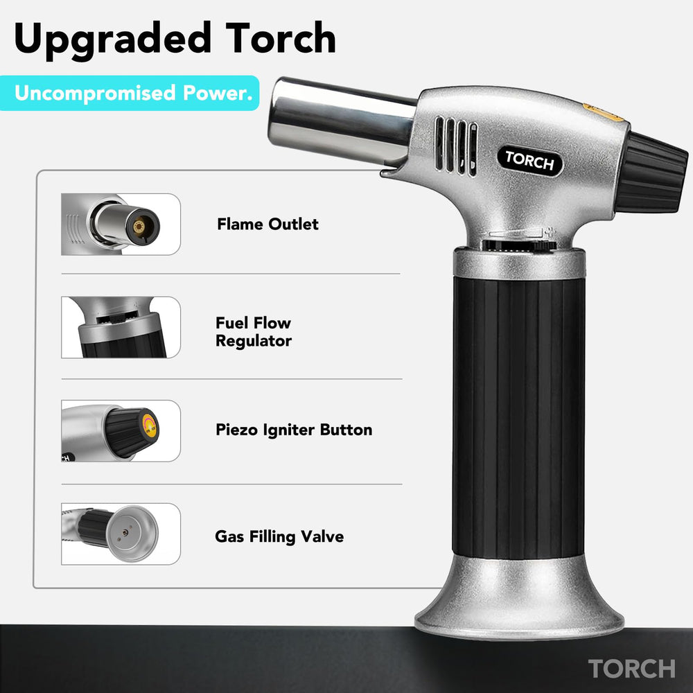 KinetiFire torch anti-tip base provides stable placement on work surfaces.