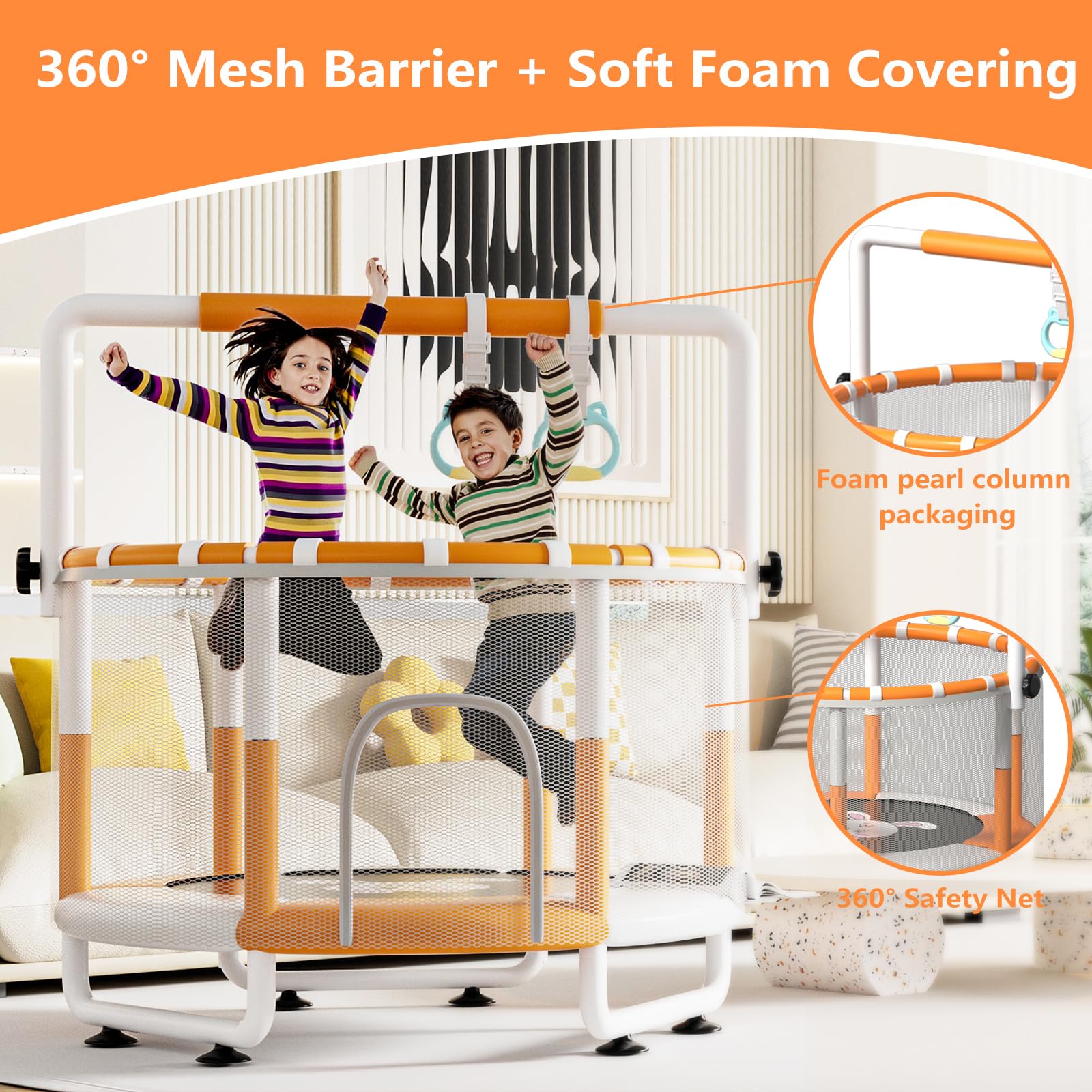 Adjustable gymnastics bar reaches 63in for growing kids.