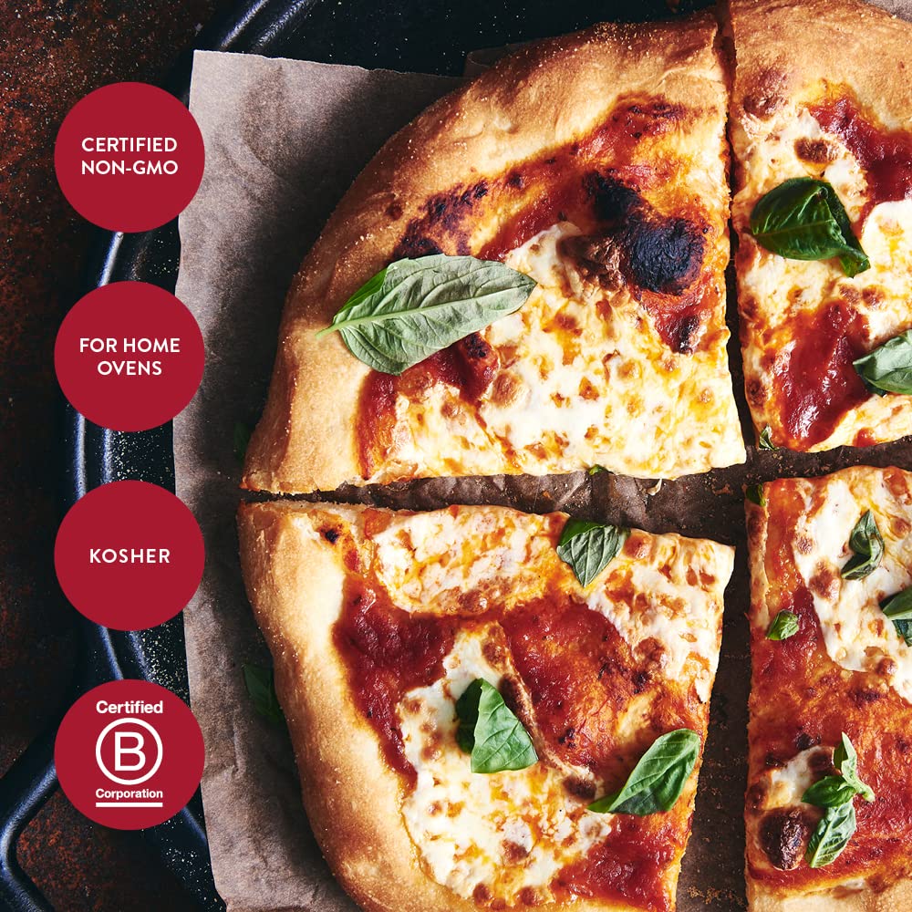 Finished Neapolitan-style pizza baked using a hot oven and stone with King Arthur flour.