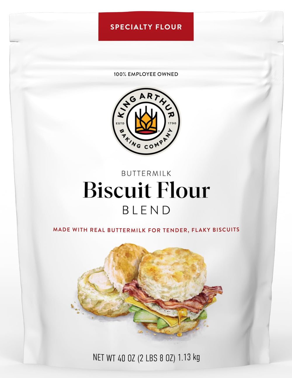 King Arthur Biscuit Flour Blend bag closeup showing premium mix for flaky, tender biscuits
