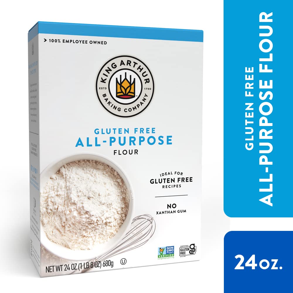 King Arthur gluten-free flour on a kitchen counter beside a recipe card.