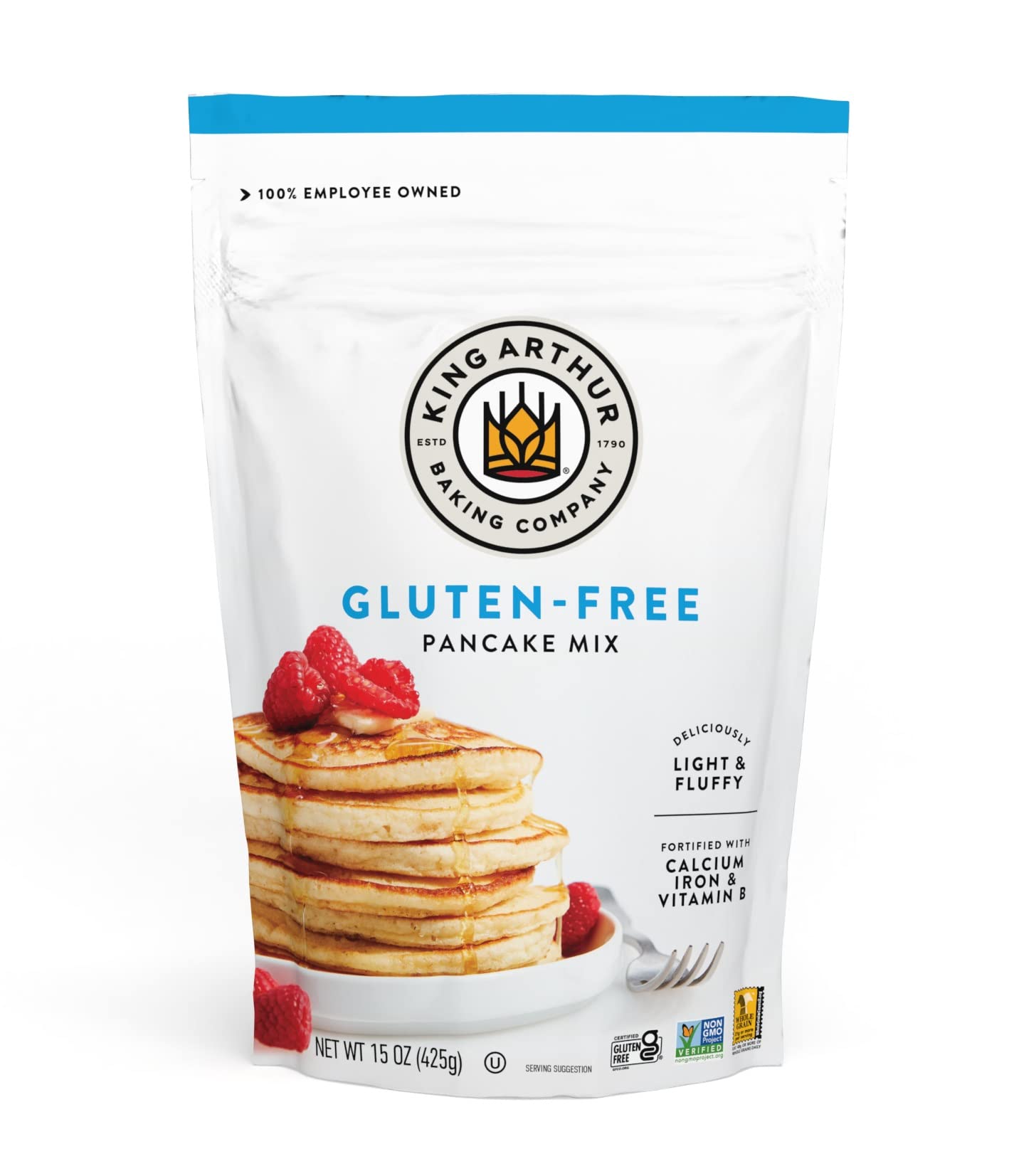 King Arthur gluten-free pancake mix batter being poured for a quick, safe gluten-free breakfast.