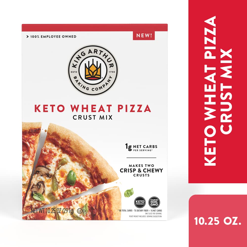 Close-up of a baked King Arthur Keto Pizza Crust topped with cheese and toppings.