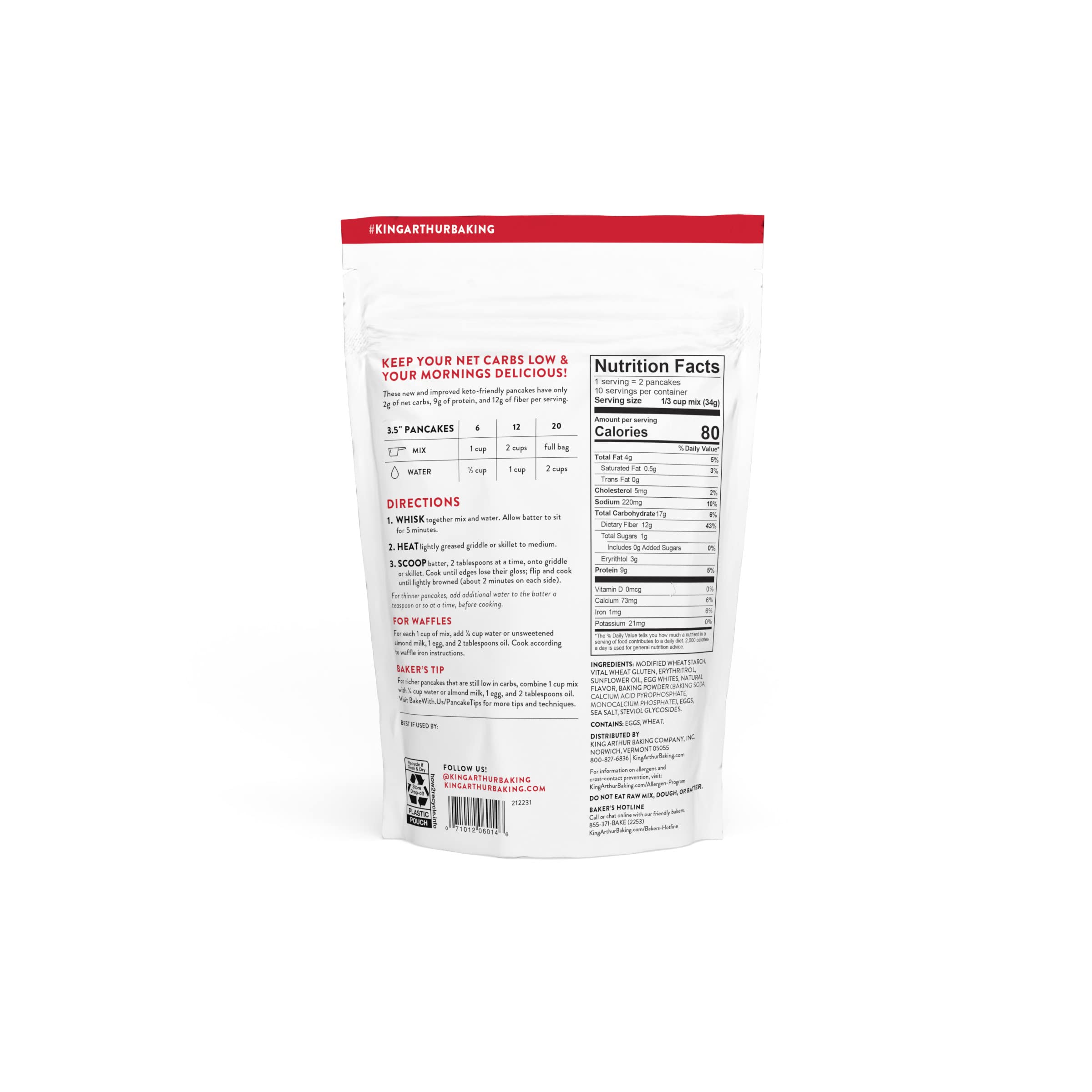 King Arthur Keto Wheat Pancake Mix ingredients label highlights low carb and fiber information.
