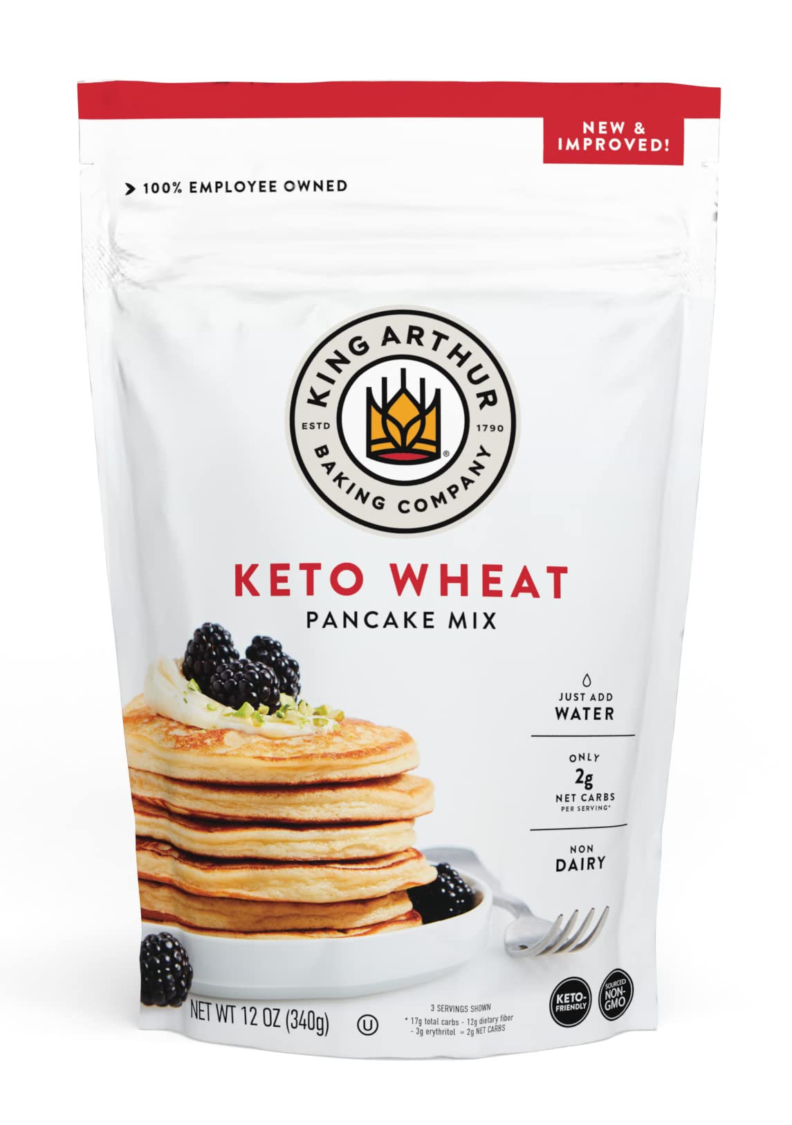 King Arthur Keto Wheat Pancake Mix packaging shows non-GMO and kosher certification.