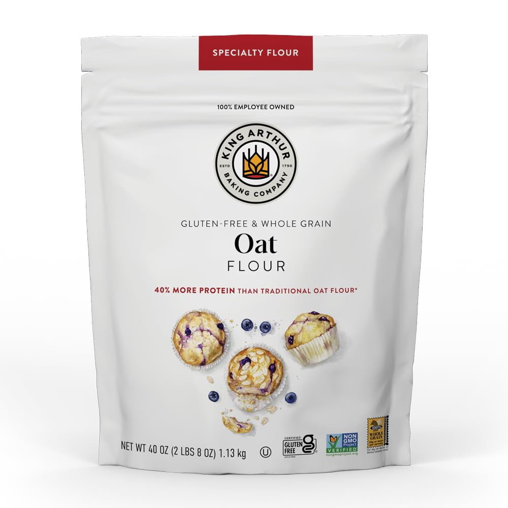 King Arthur oat flour bag open shows gluten-free whole grain blend for baking
