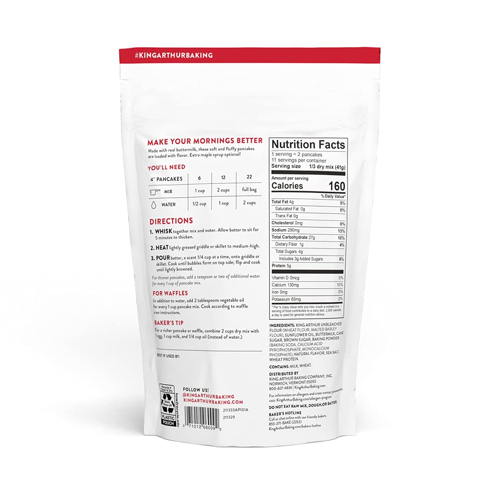 King Arthur pancake mix showing easy pour directions and water addition