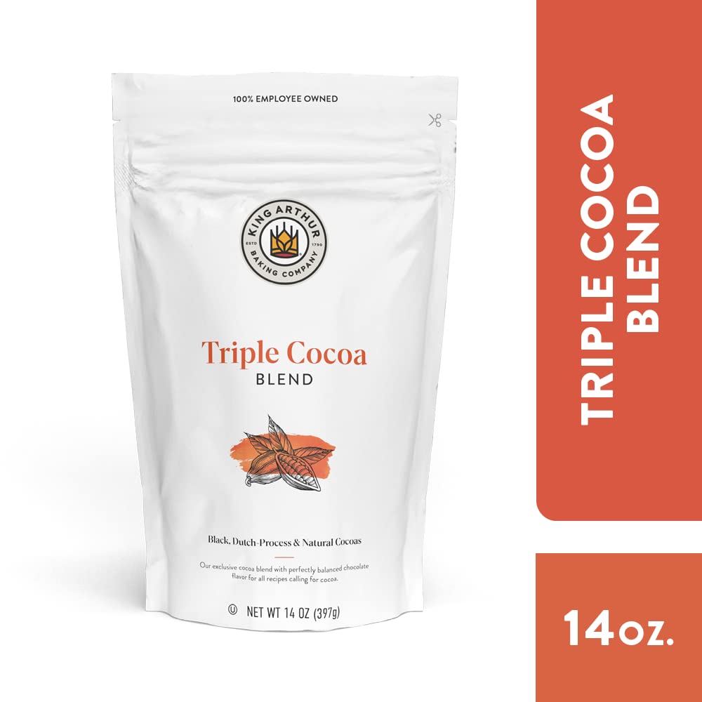Closeup of resealable packaging for King Arthur Triple Cocoa Powder Blend.