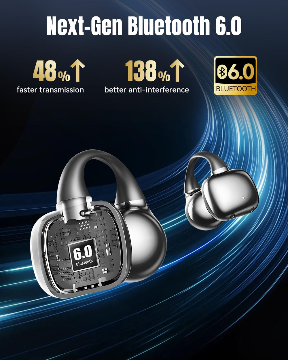 Bluetooth 6.0 with LED display shows battery status.