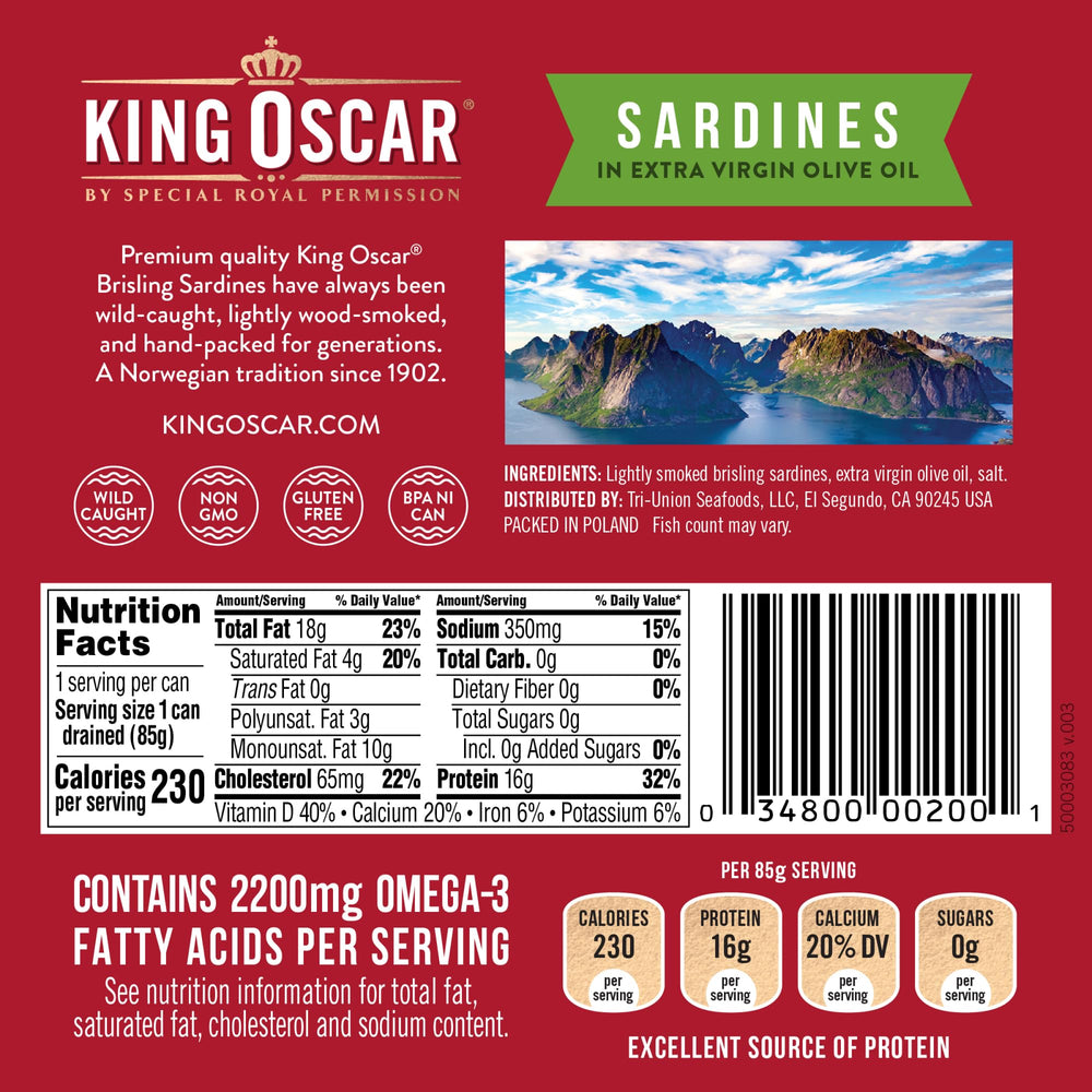 King Oscar brisling sardines in olive oil close-up, highlighting delicate texture and flavor.