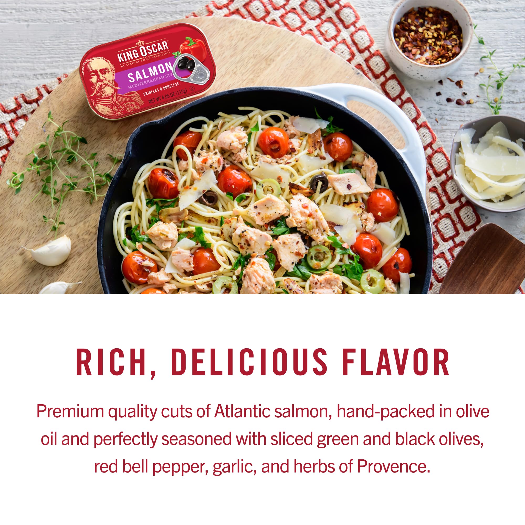 King Oscar farm-raised Atlantic salmon from Norway emphasizes quality and reliability.