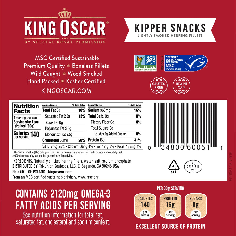 King Oscar Kipper Snacks lightly smoked herring on the go, perfect pantry protein.
