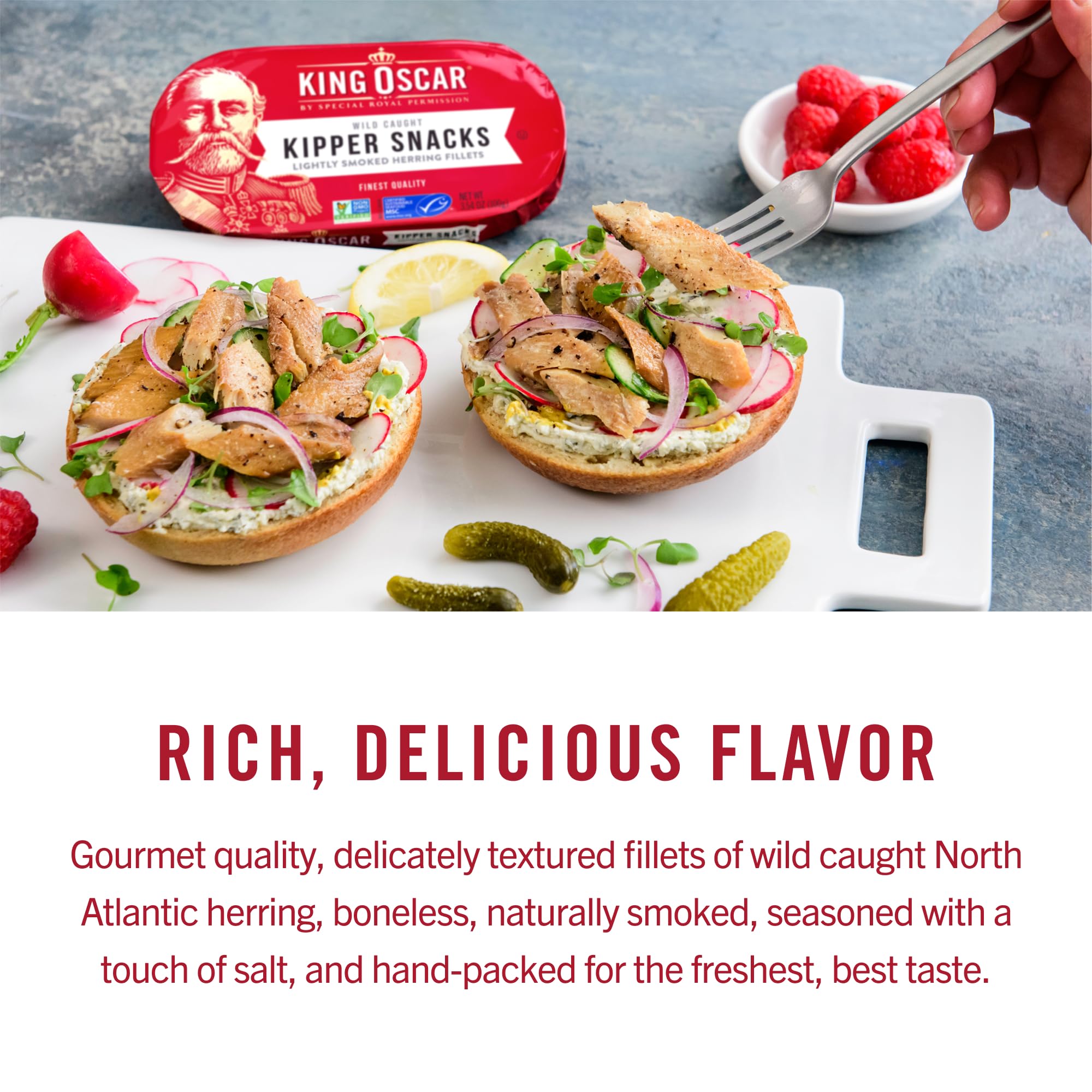 King Oscar Kipper Snacks boneless fillets add to toast, crackers, or salads.