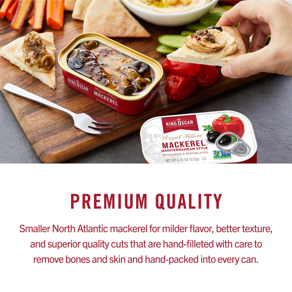 12-pack King Oscar mackerel provides pantry-friendly protein.