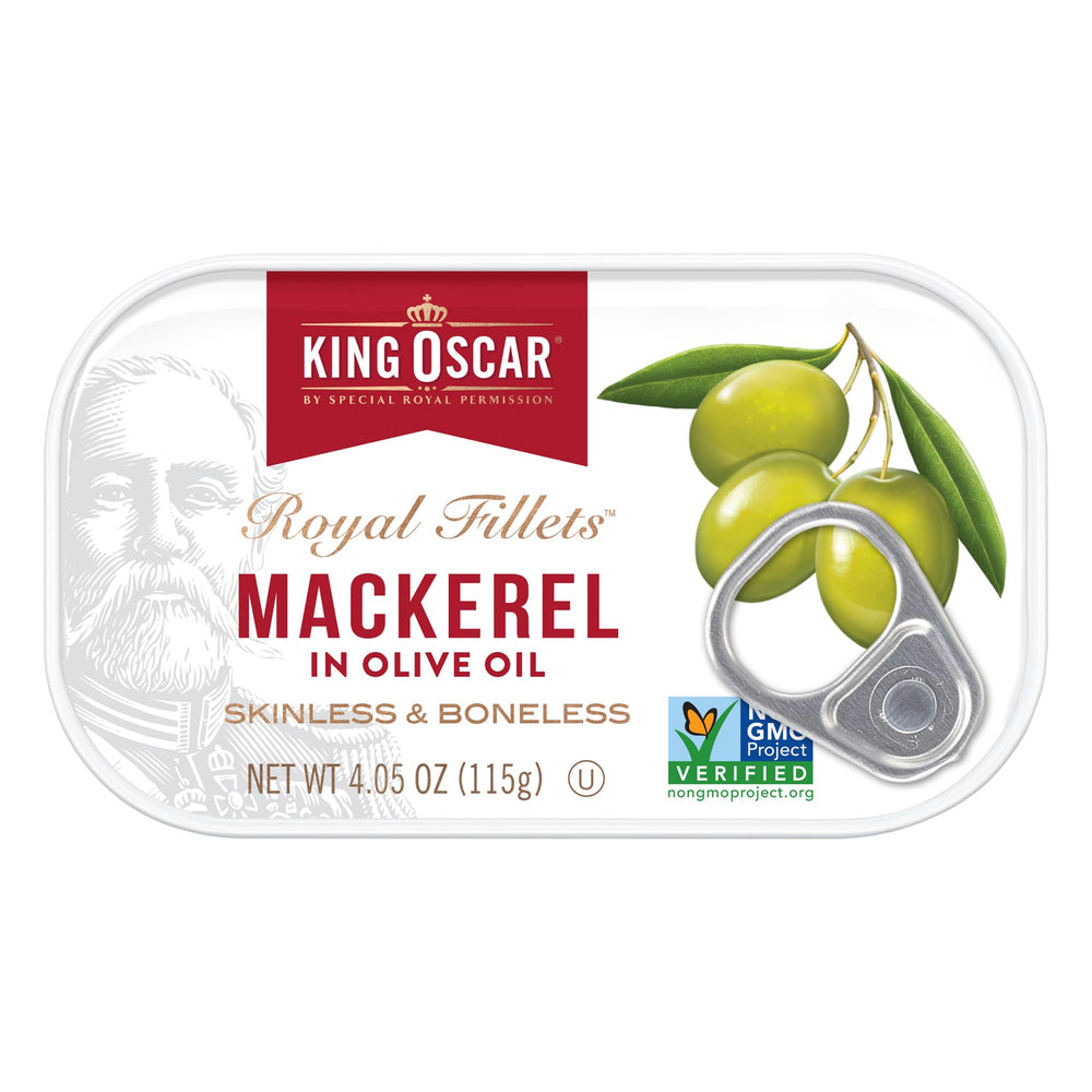 King Oscar mackerel hand-filleted cuts in olive oil; milder texture.