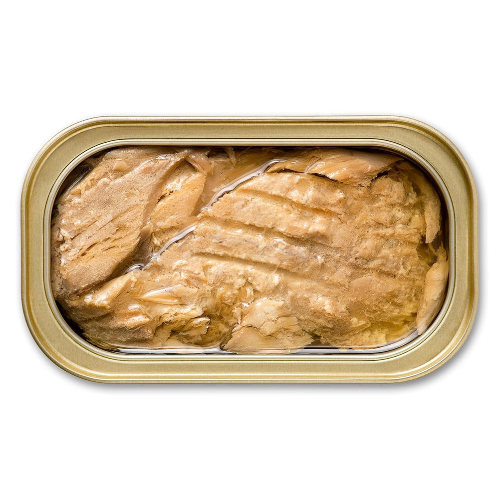 Hand-filleted King Oscar mackerel with lemon in olive oil for premium texture.
