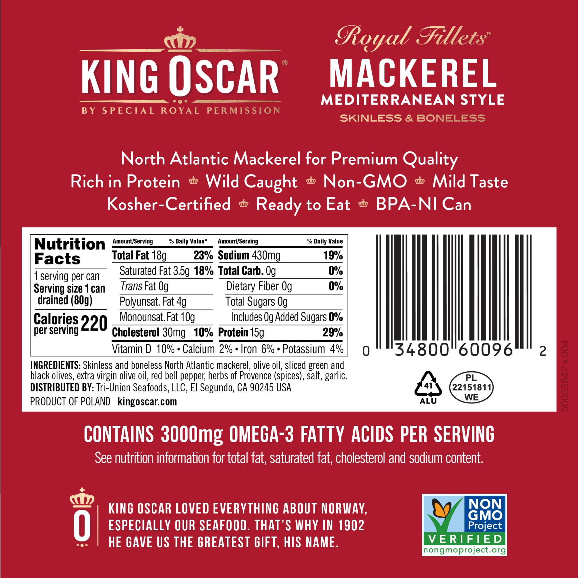 King Oscar mackerel in olive oil with olives and peppers enhances salads.