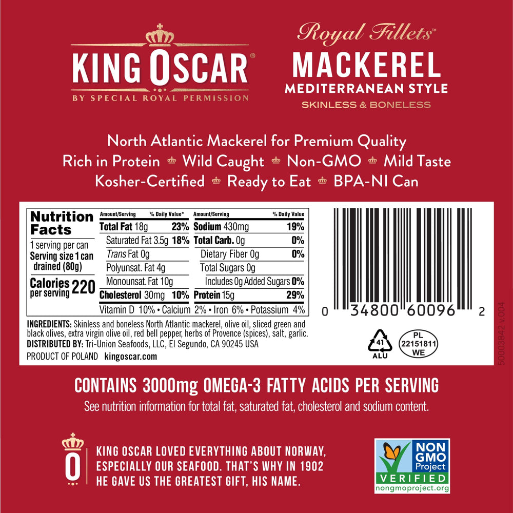 King Oscar mackerel in olive oil with olives and peppers enhances salads.