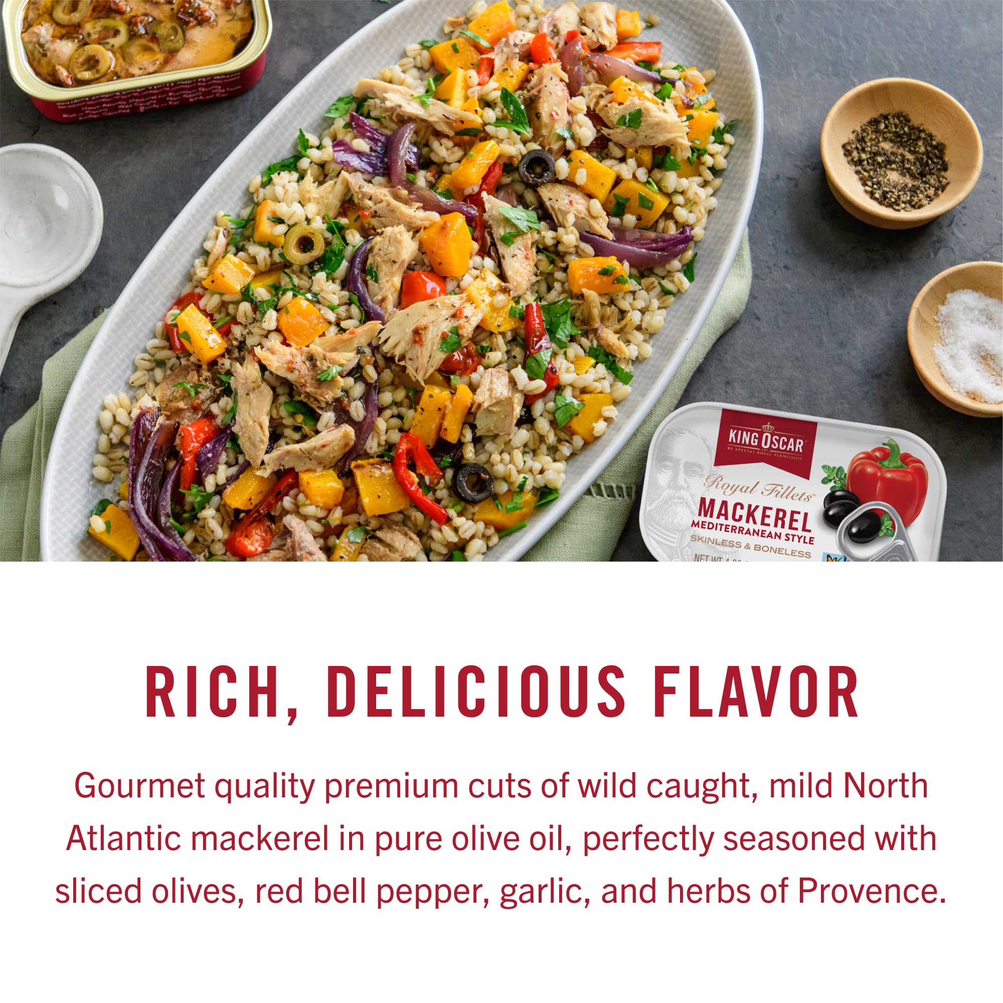 Mackerel on a fresh salad boosts protein and flavor.