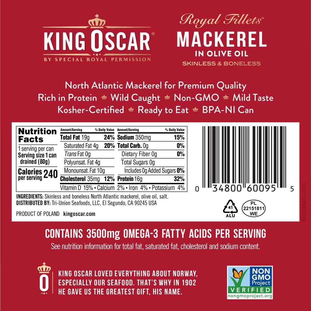 King Oscar mackerel skinless boneless can; convenient, easy-to-use protein.