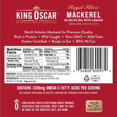 Skinless boneless King Oscar mackerel fillets in olive oil for salads.