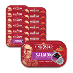 King Oscar premium salmon in olive oil, Mediterranean style, ready for quick meals.