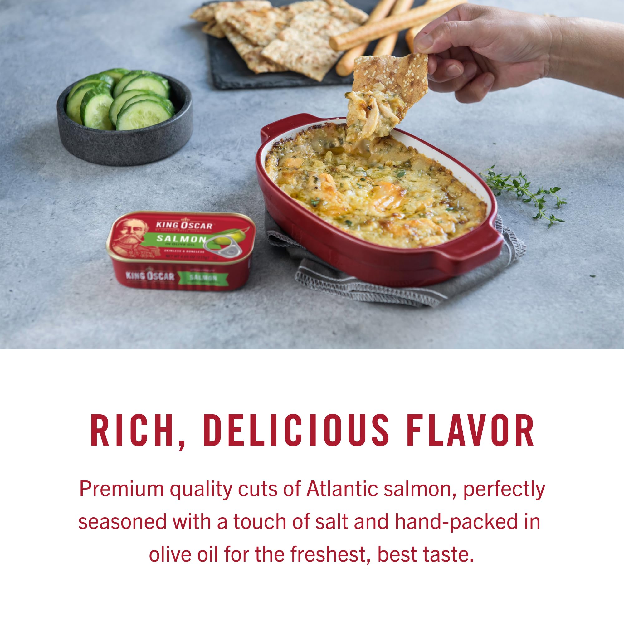 King Oscar Norway farm-raised salmon emphasizes responsible sourcing and quality.
