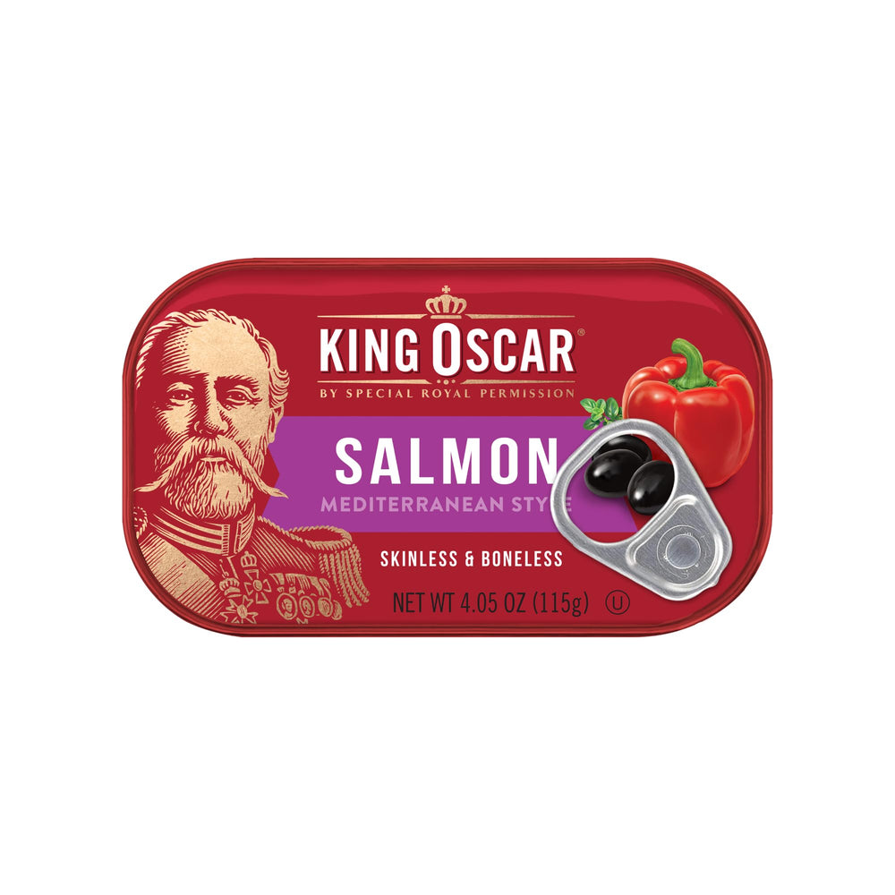 King Oscar olives and peppers accent the salmon's flavor for versatile dishes.