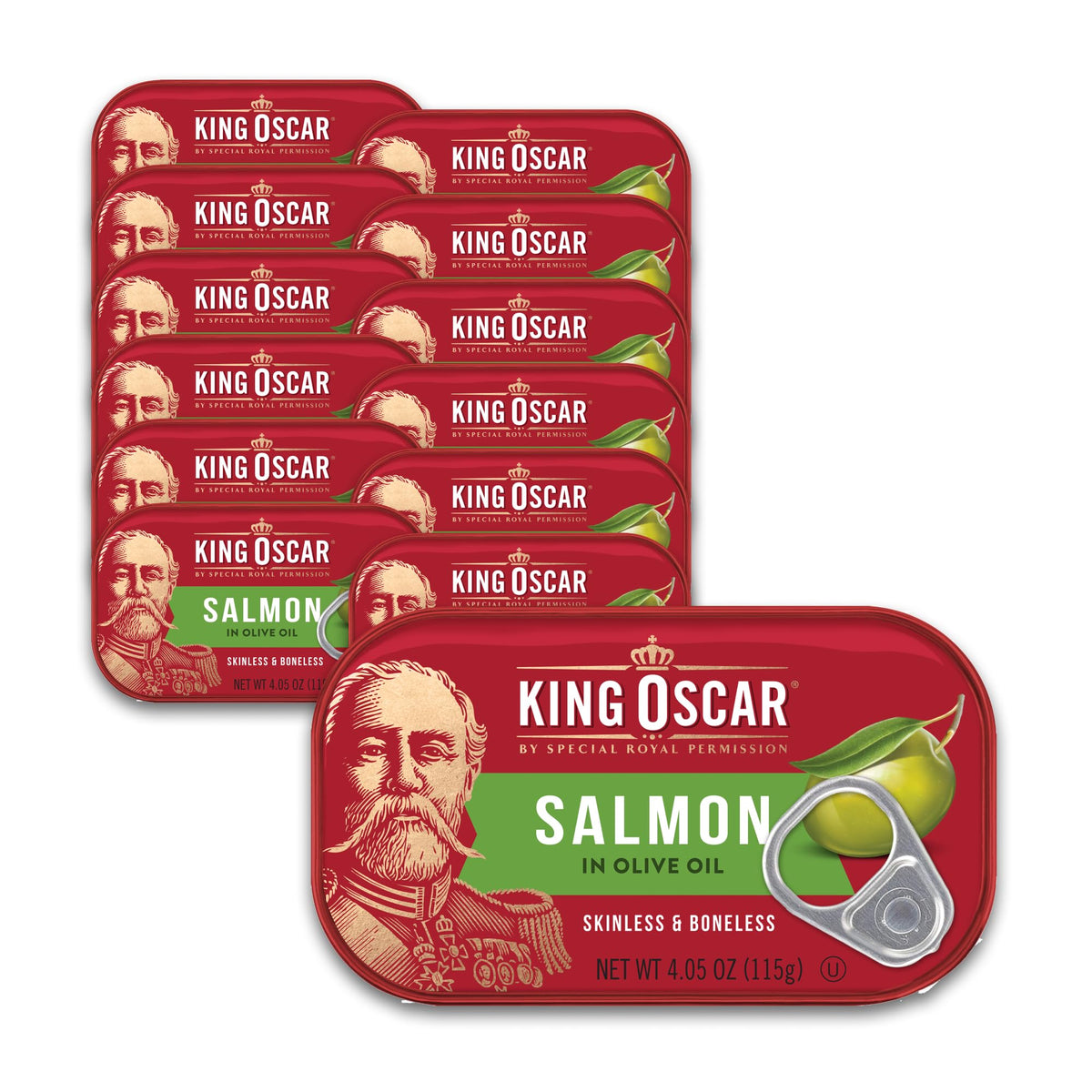 King Oscar Premium Salmon in Olive Oil can with easy-open lid, rich flavor.