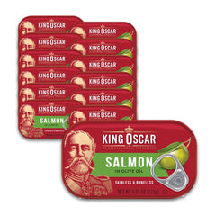 King Oscar Premium Salmon in Olive Oil can with easy-open lid, rich flavor.