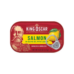 King Oscar salmon olive oil lemon closeup highlights skinless boneless texture