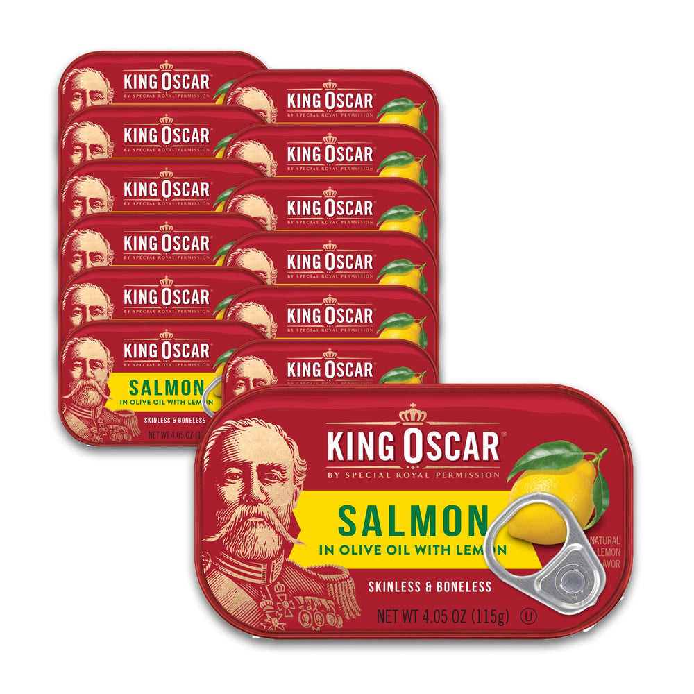 King Oscar premium salmon in olive oil with lemon can front; ready for quick meals