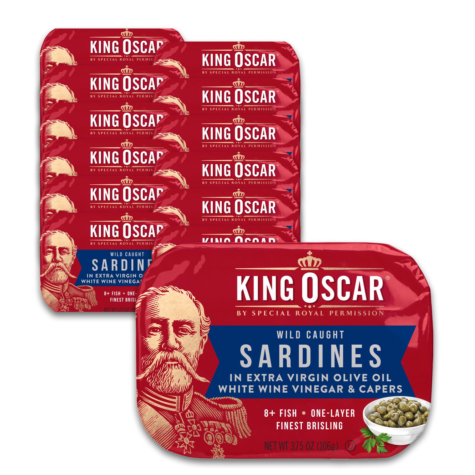 King Oscar sardines in olive oil with capers in a jar, ideal for quick tapas.