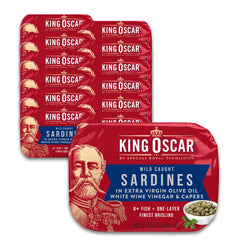 King Oscar sardines in olive oil with capers in a jar, ideal for quick tapas.
