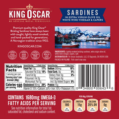 King Oscar sardines in olive oil with white wine vinegar glaze on crackers or pasta.
