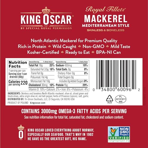 King Oscar skinless boneless mackerel lemon can enhances light citrus flavor