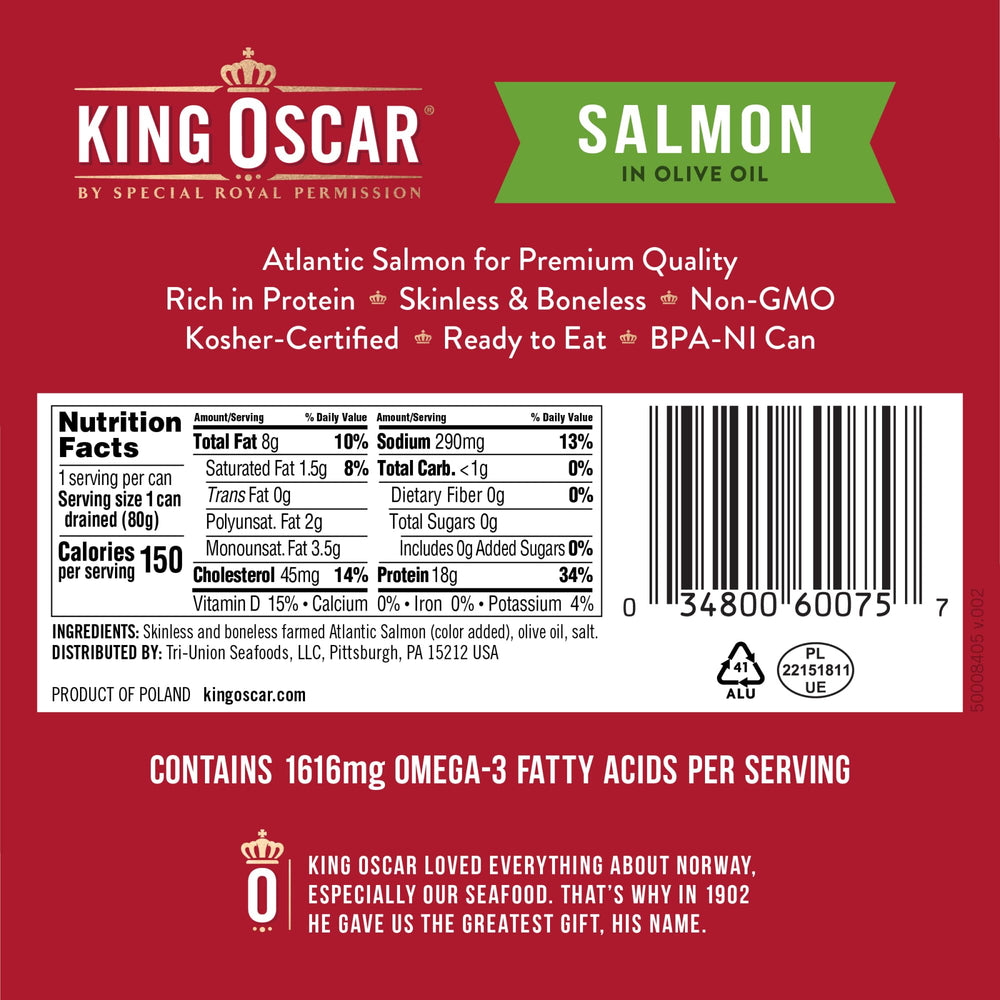 King Oscar skinless boneless salmon close-up showing clean, premium cuts.