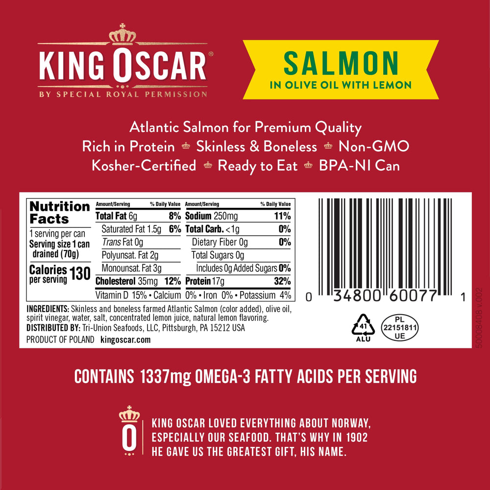 King Oscar skinless boneless salmon olive oil can back showing ingredients and quality