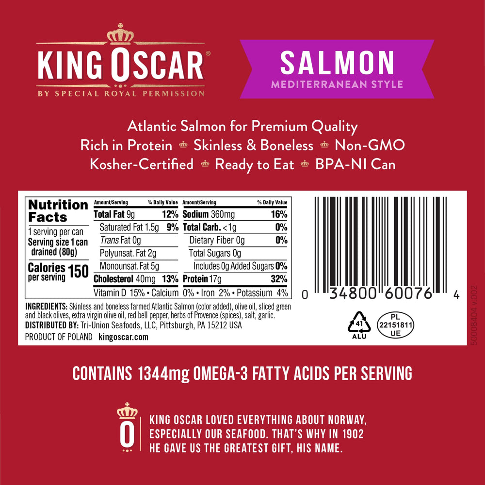 King Oscar skinless, boneless salmon in olive oil for easy salads.