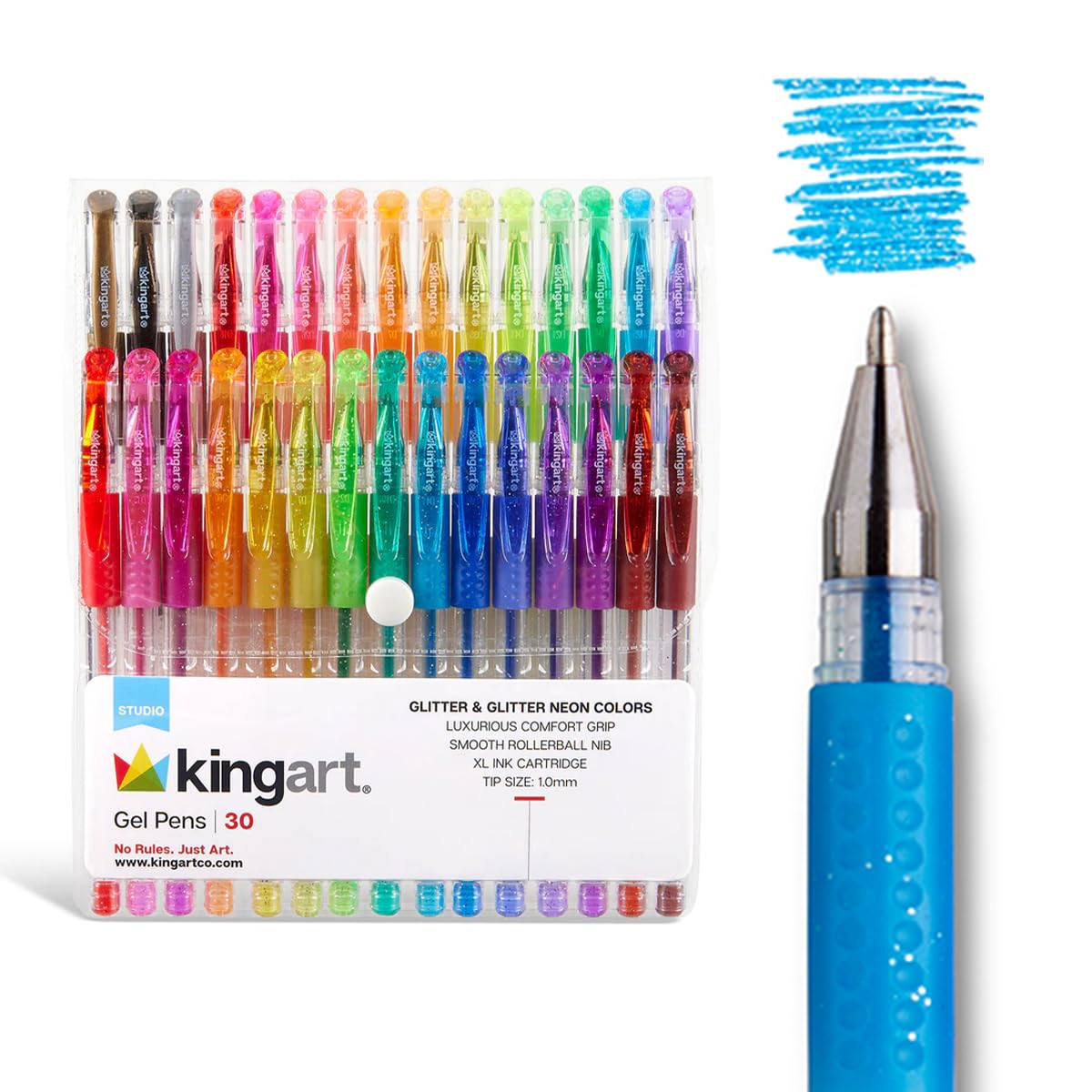 KingArt Glitter Rollerball Gel Pens cap close-up highlighting soft grip